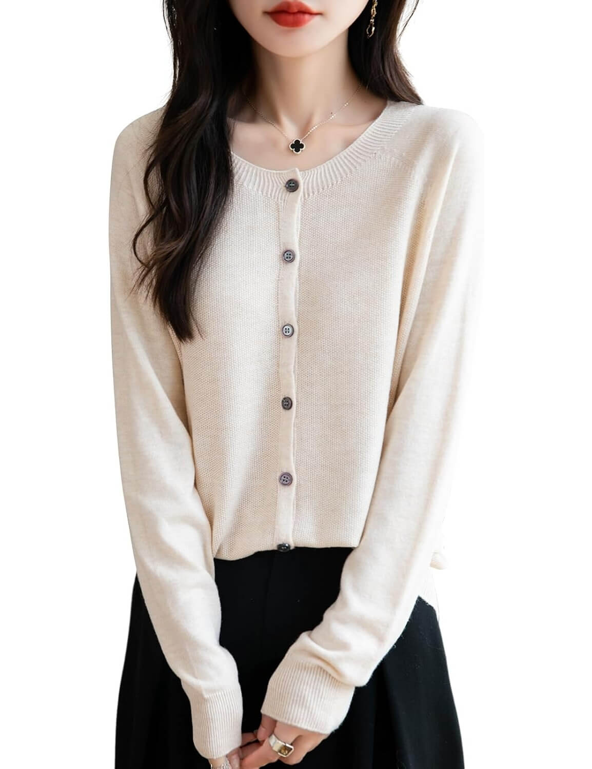 Merino Wool Blend Seamless Crewneck Cardigan