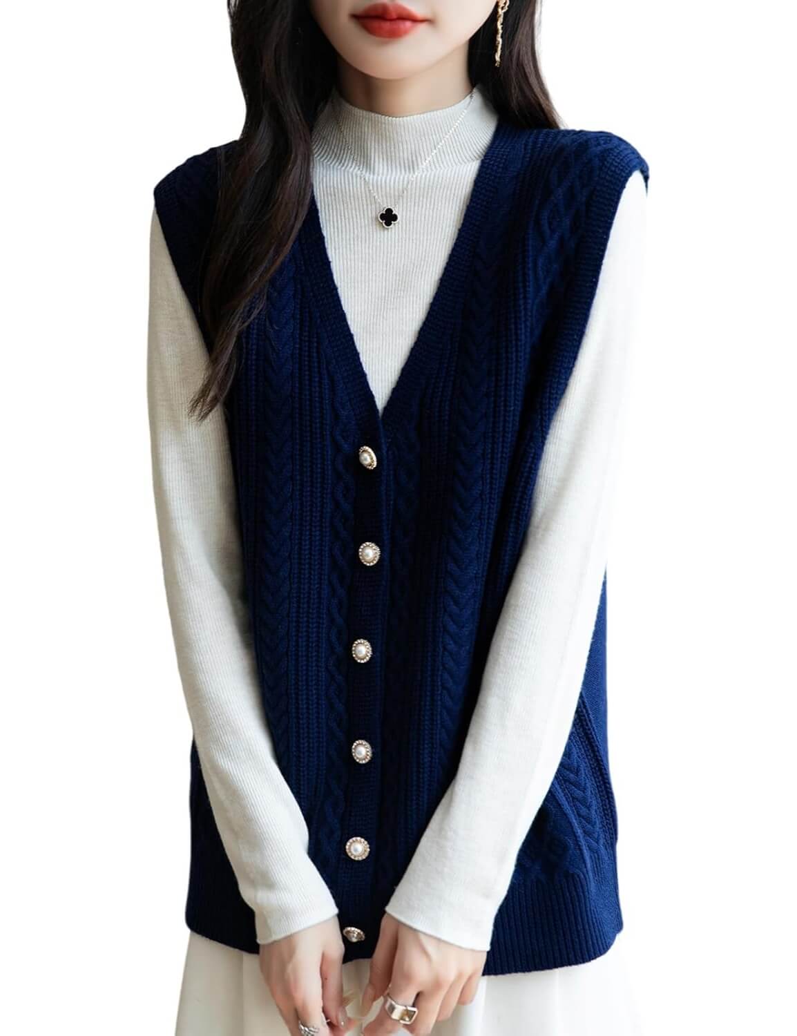 Merino Wool Blend Cable Knit Vest with Buttons