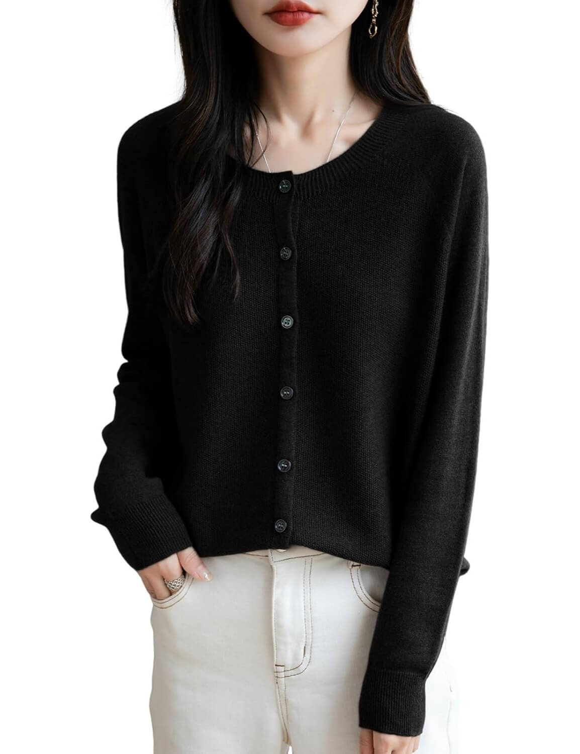 Merino Wool Blend Seamless Crewneck Cardigan