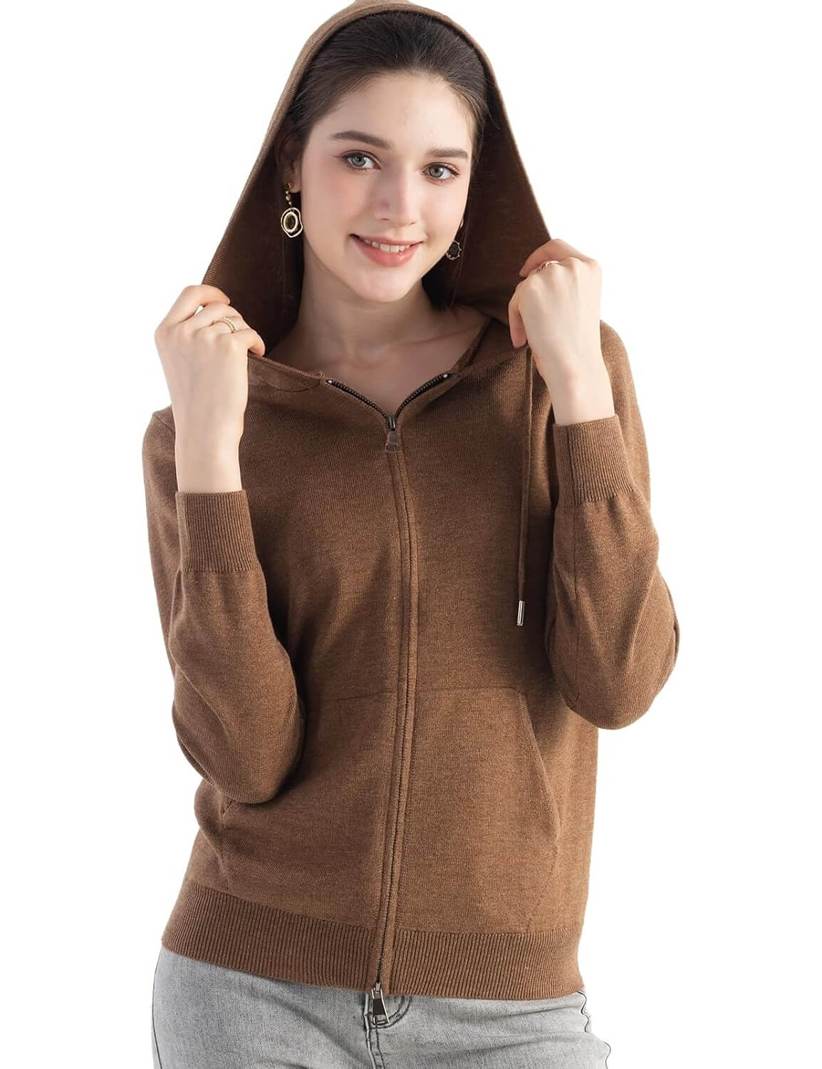 Merino Wool Blend Zipper Crewneck Hooded Knit Cardigan