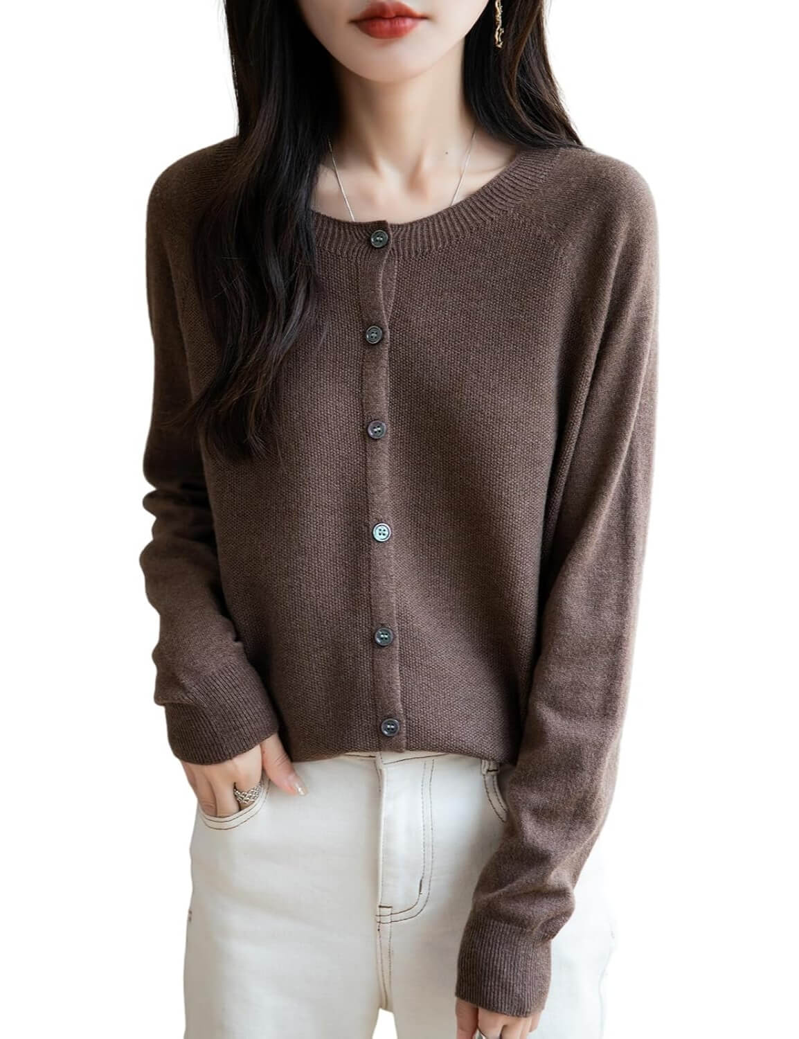 Merino Wool Blend Seamless Crewneck Cardigan