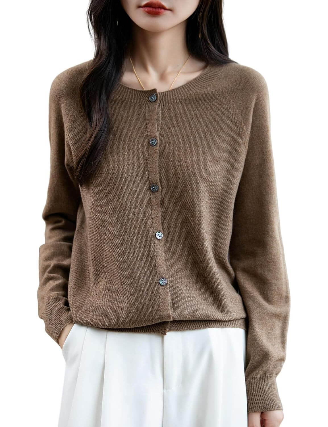 Merino Wool Blend Seamless Crewneck Cardigan