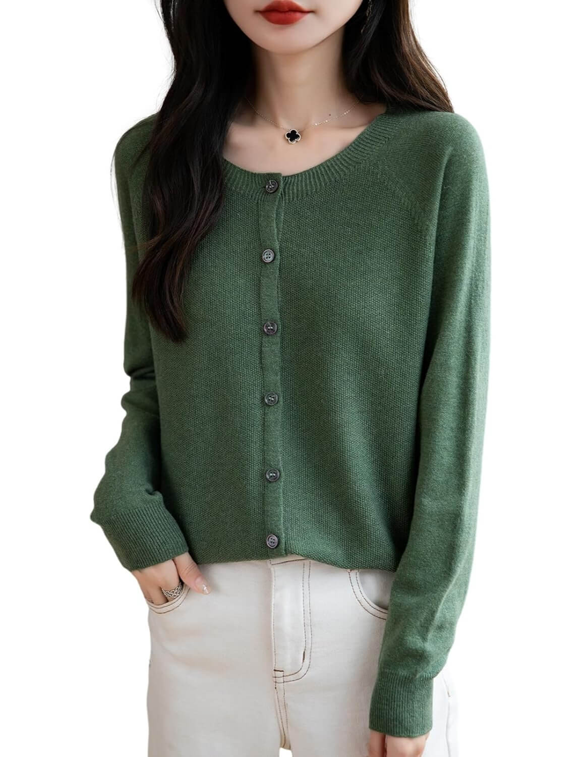 Merino Wool Blend Seamless Crewneck Cardigan