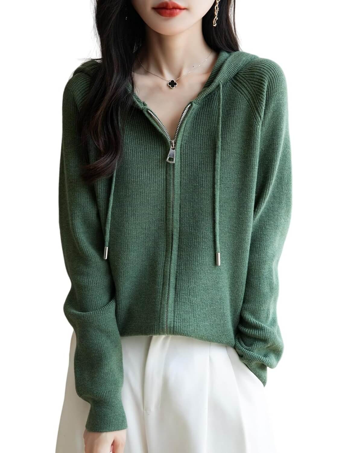 Merino Wool Blend Ribbed Zipper Hooded Cardigan