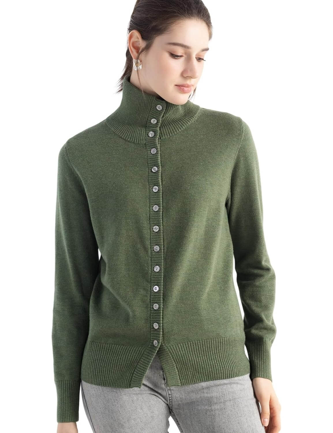 Merino Wool Blend Mock Neck Buttoned Knit Cardigan