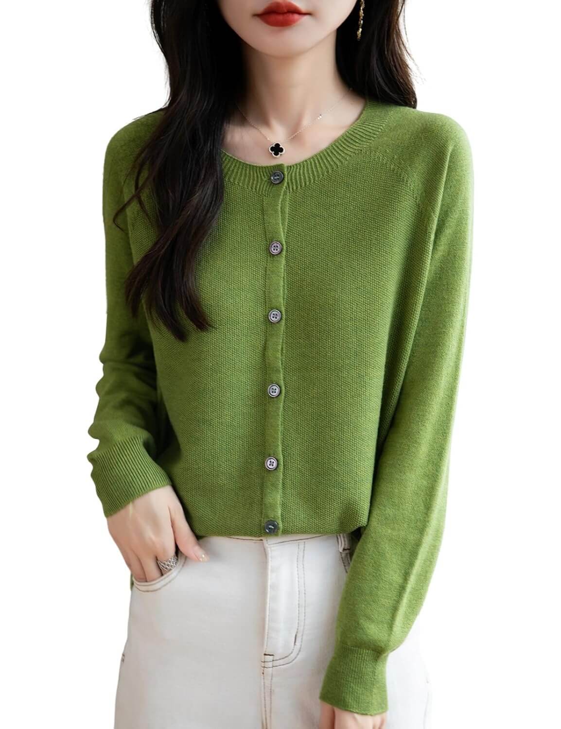 Merino Wool Blend Seamless Crewneck Cardigan