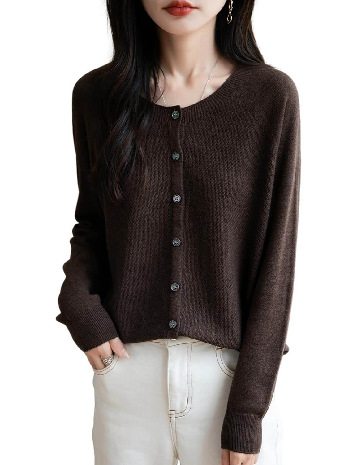 Merino Wool Blend Seamless Crewneck Cardigan
