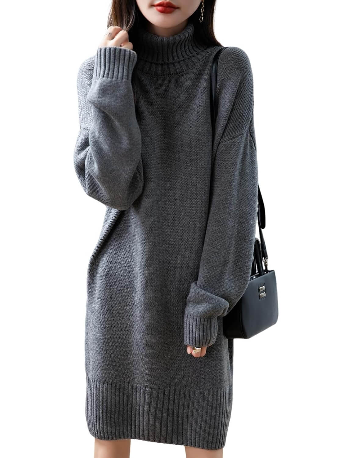 Merino Wool Blend Turtleneck Oversized Sweater Dress