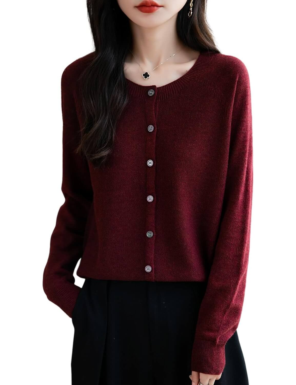 Merino Wool Blend Seamless Crewneck Cardigan