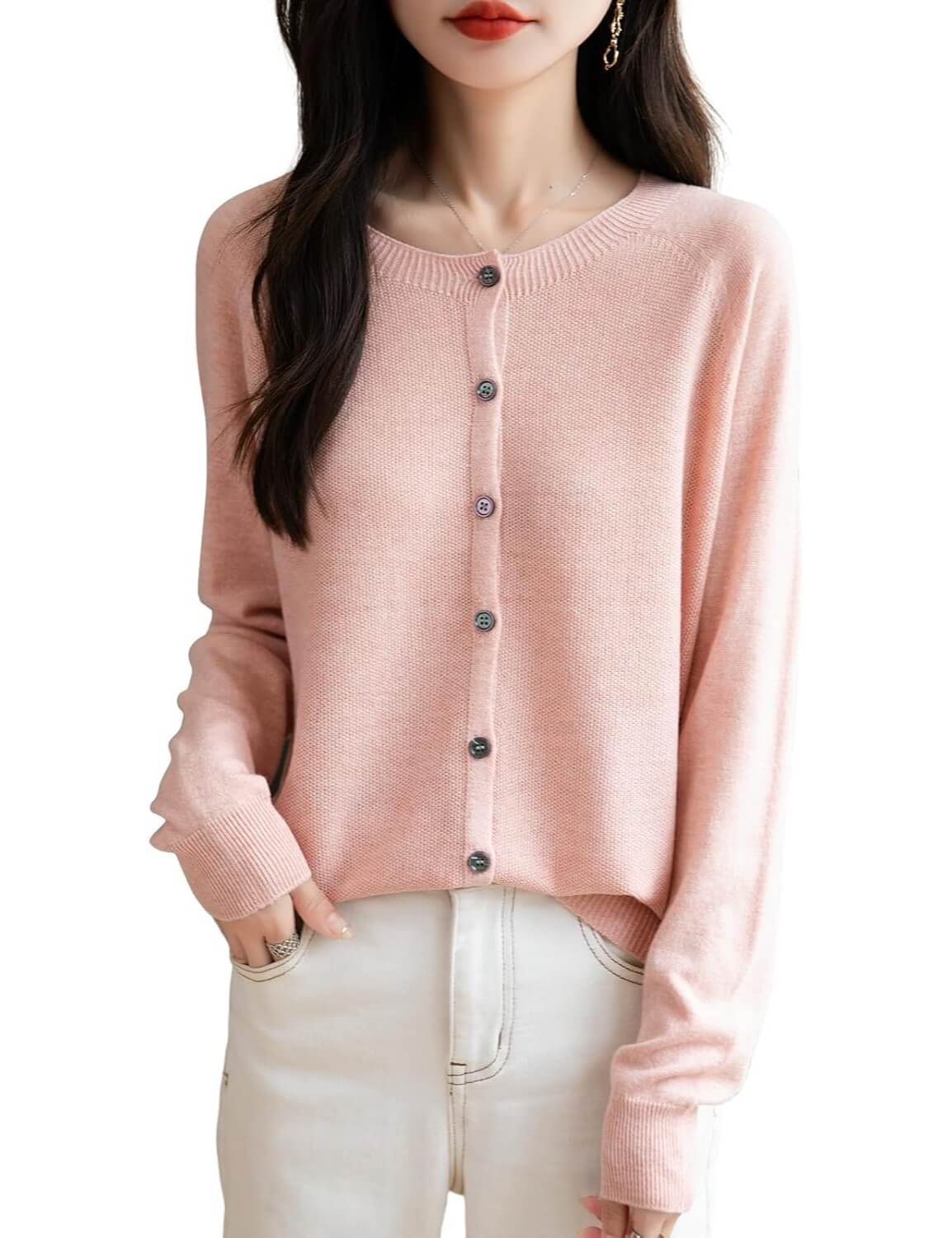 Merino Wool Blend Seamless Crewneck Cardigan