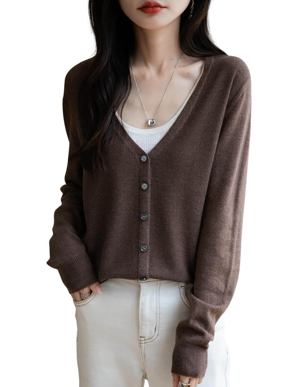Merino Wool Blend Seamless V-Neck Cardigan