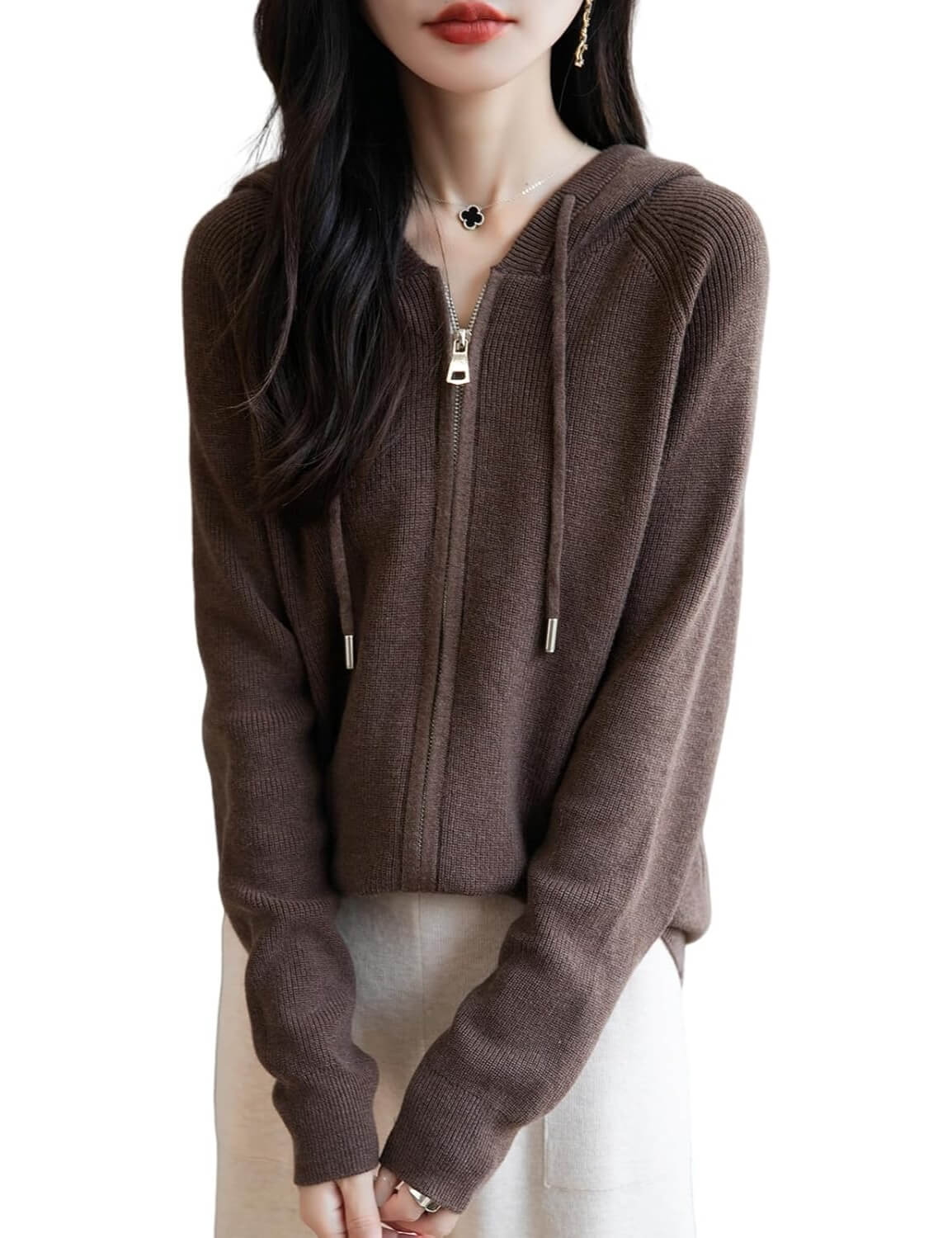 Merino Wool Blend Ribbed Zipper Hooded Cardigan