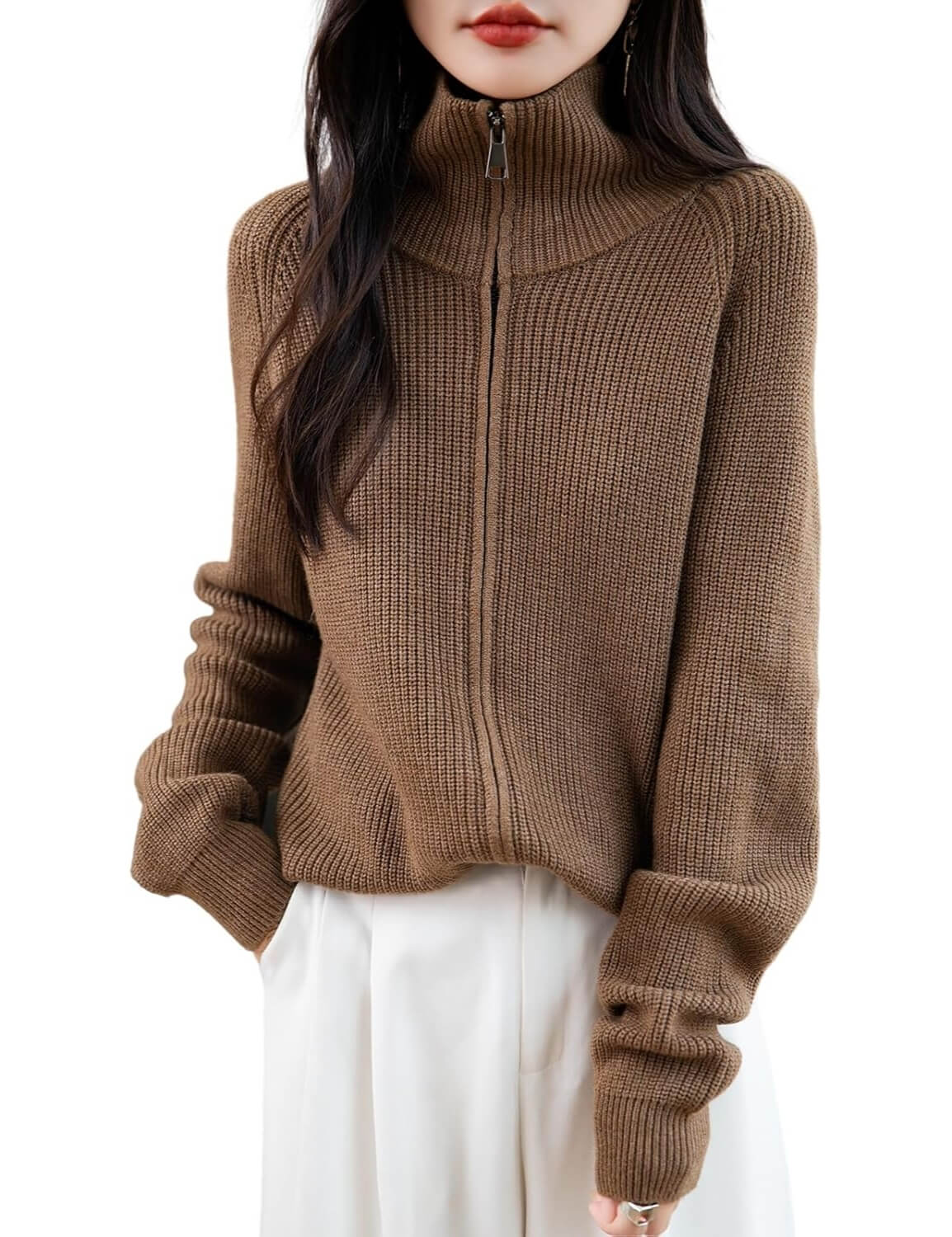 Merino Wool Blend Zipper Knit Sweatshirt Cardigan