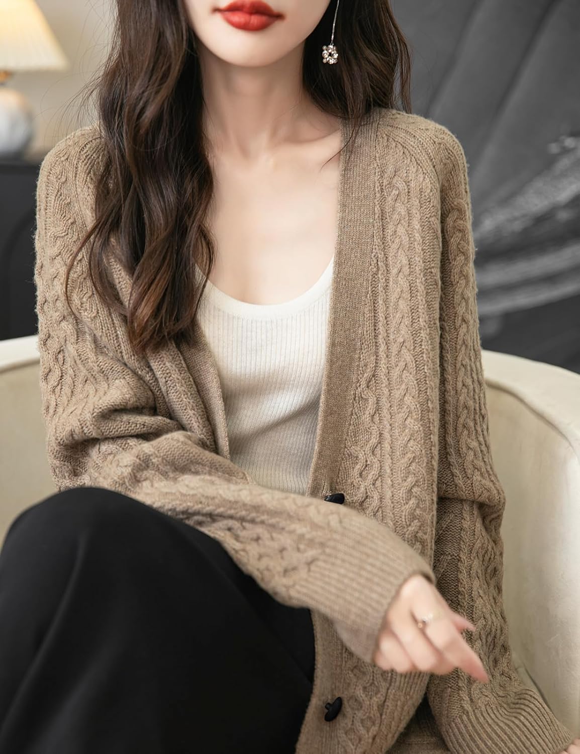 100% Merino Wool V-Neck Cable Cardigan