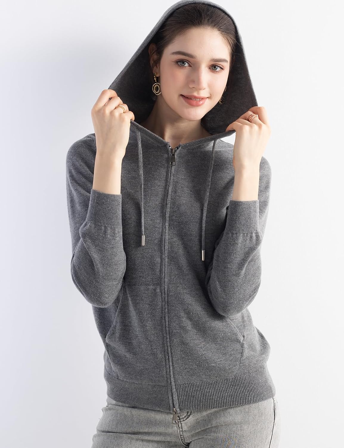 Merino Wool Blend Zipper Crewneck Hooded Knit Cardigan