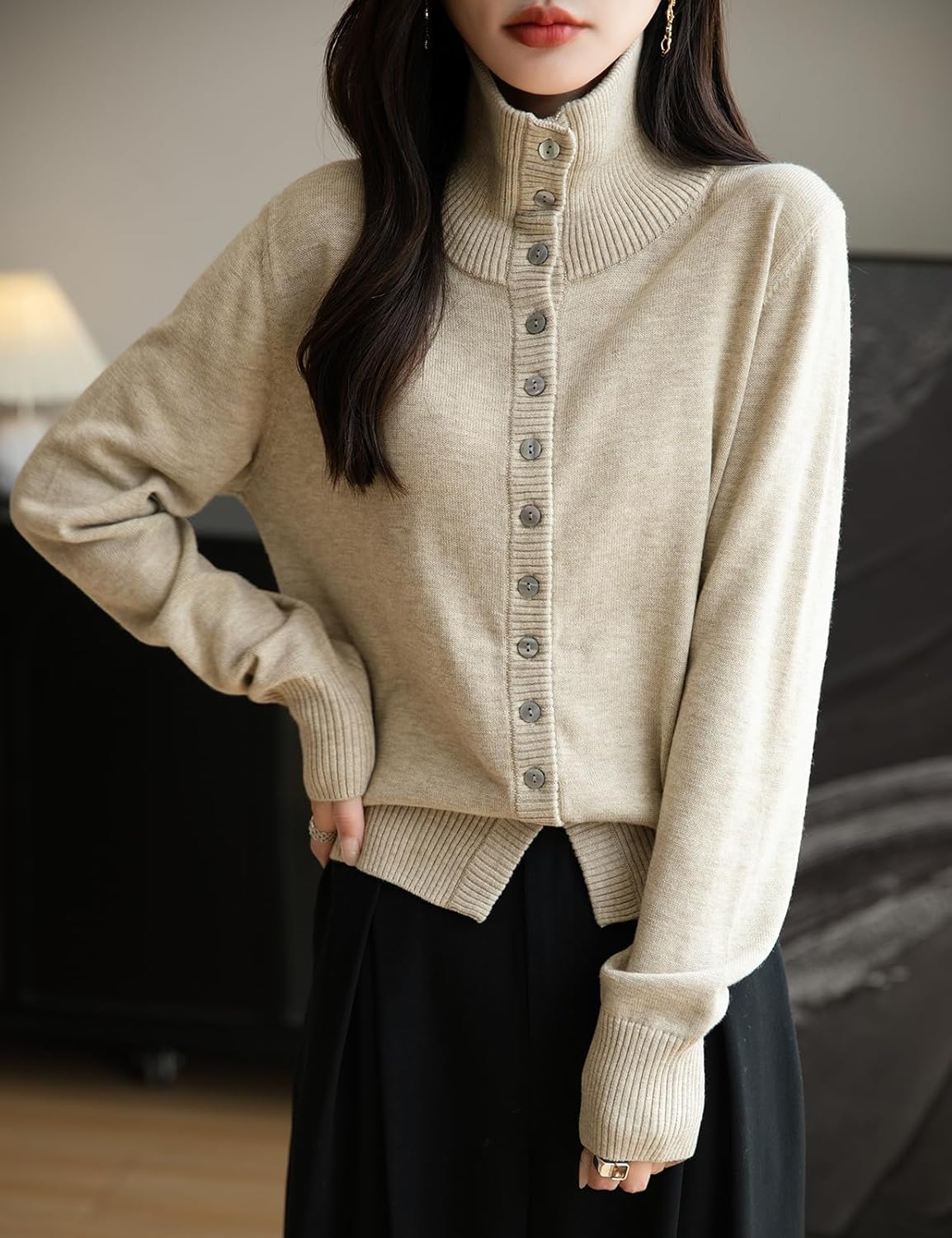 Merino Wool Blend Mock Neck Buttoned Knit Cardigan