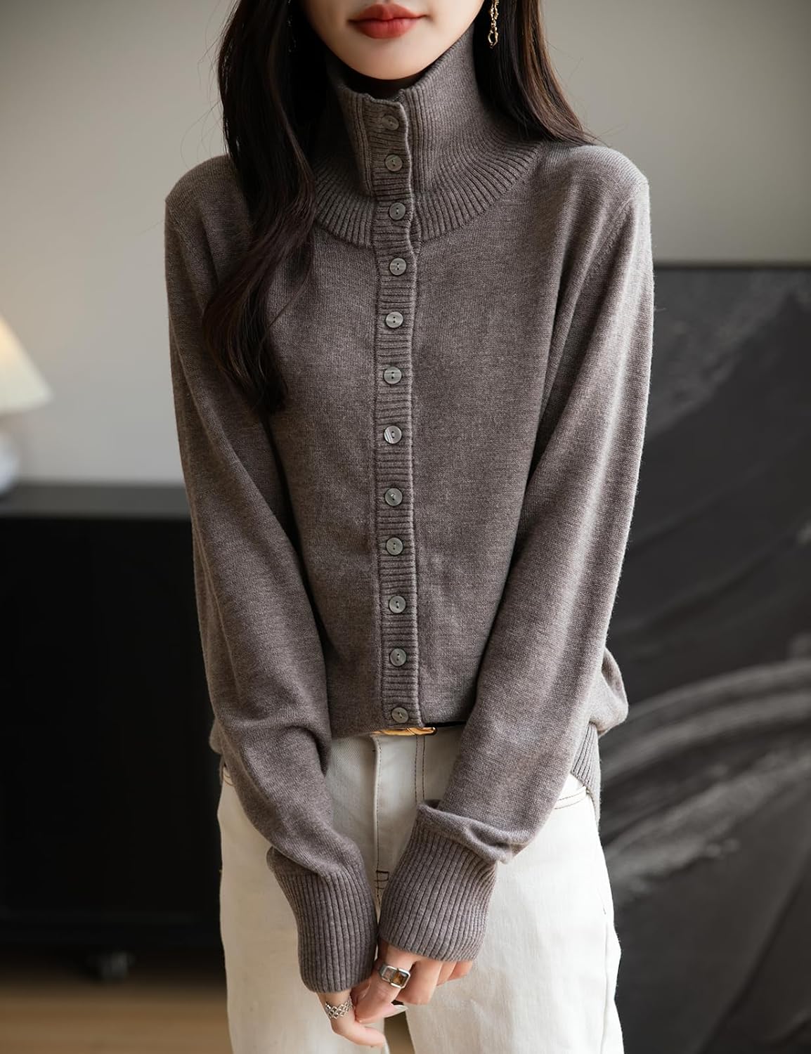 Merino Wool Blend Mock Neck Buttoned Knit Cardigan