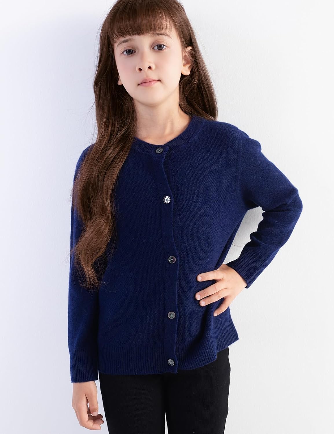 Girls' 100% Merino Wool Seamless Crewneck Cardigan