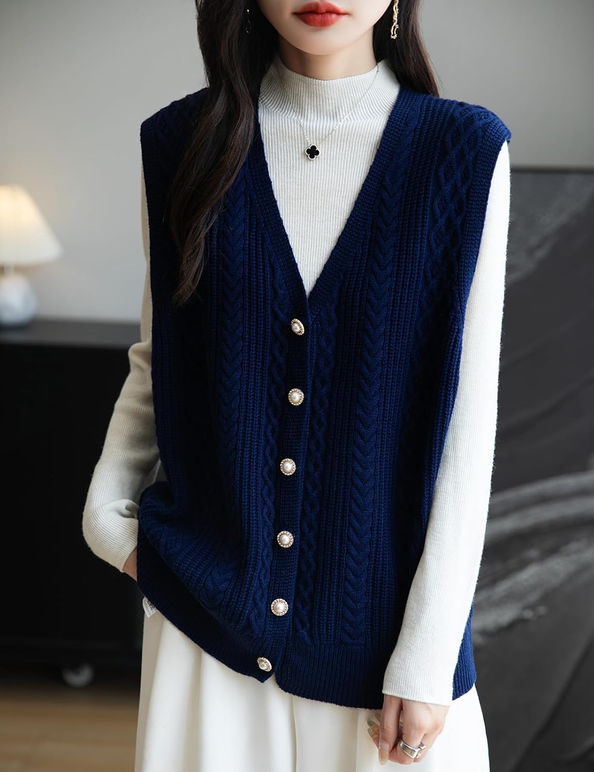 Merino Wool Blend Cable Knit Vest with Buttons
