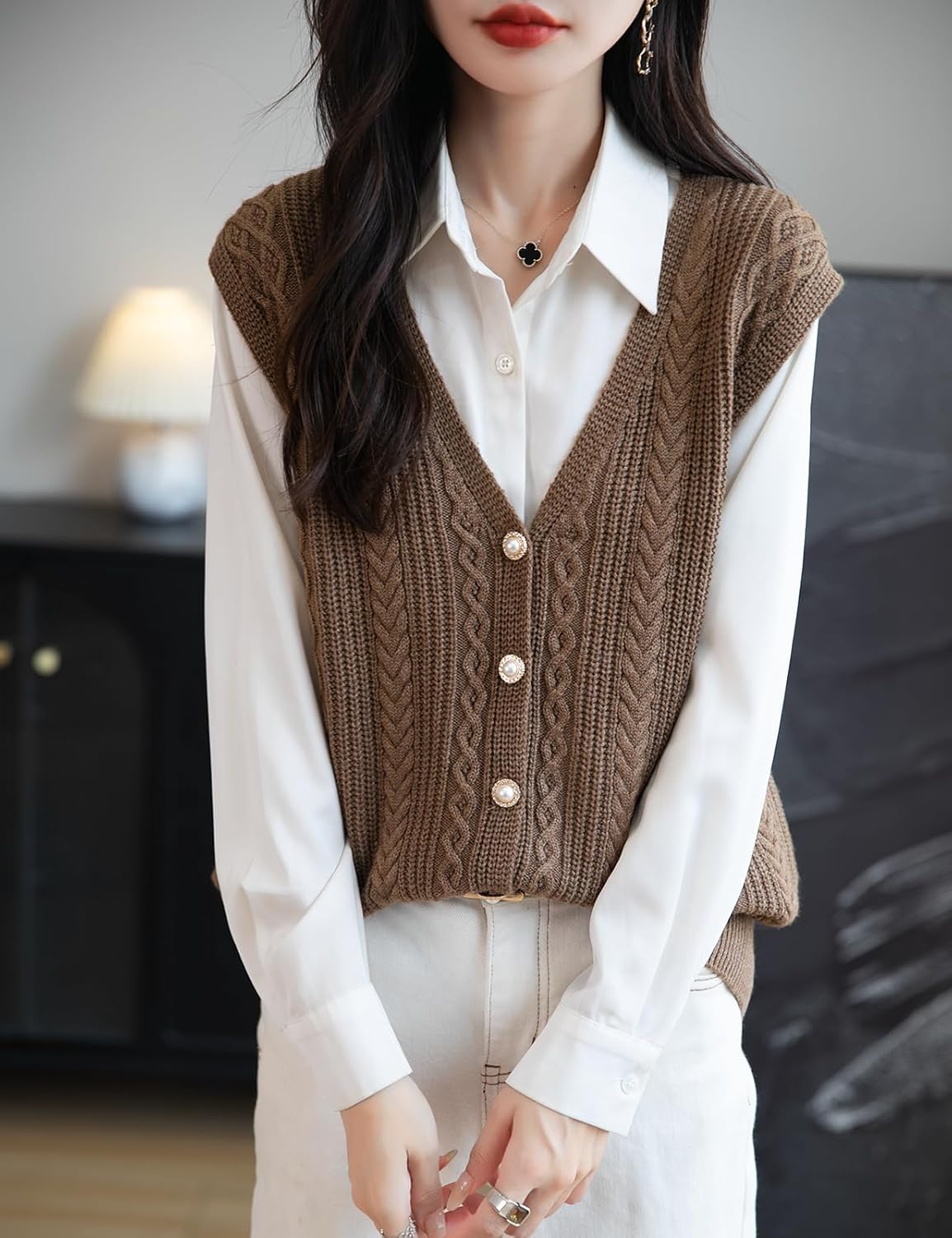 Merino Wool Blend Cable Knit Vest with Buttons