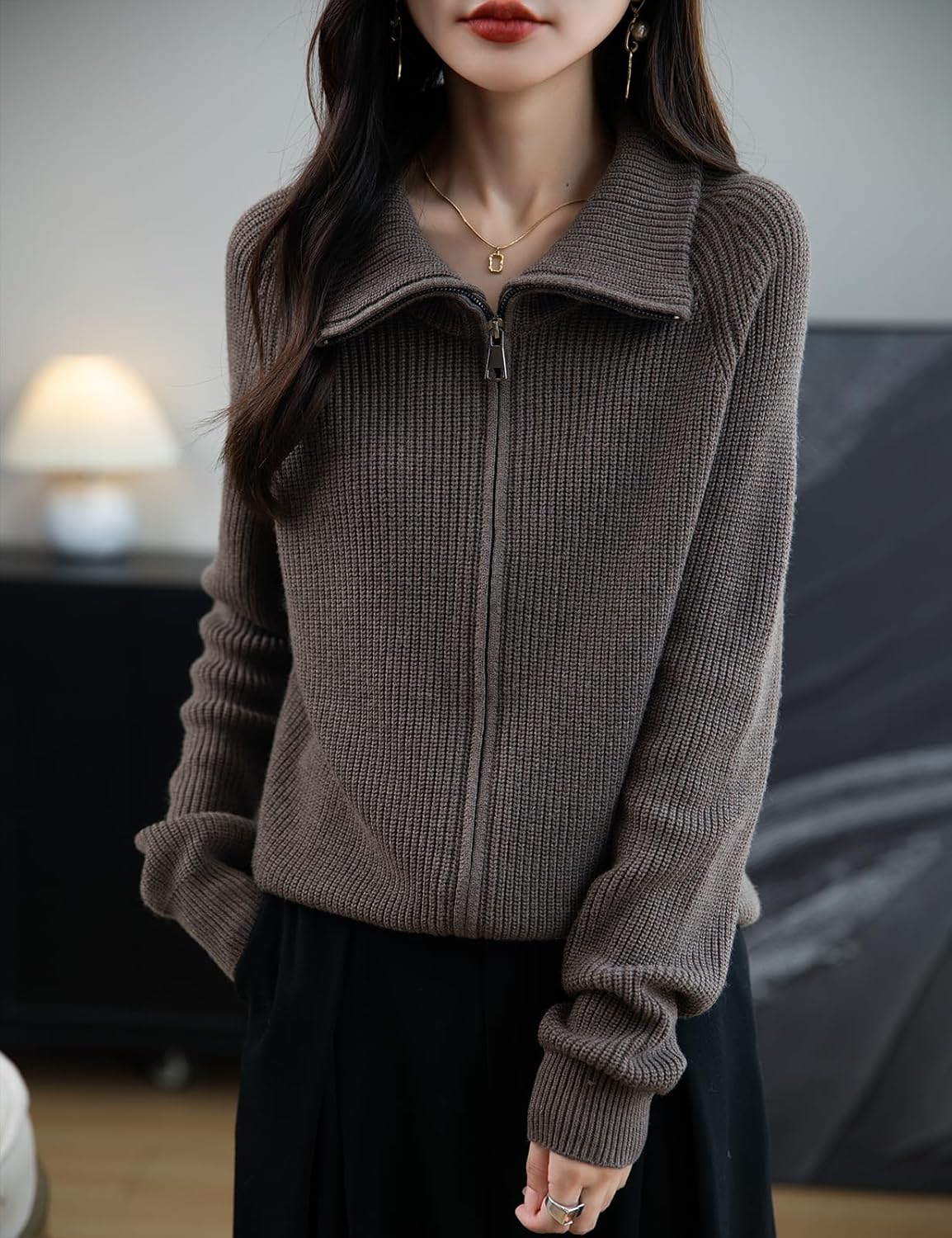 Merino Wool Blend Zipper Knit Sweatshirt Cardigan