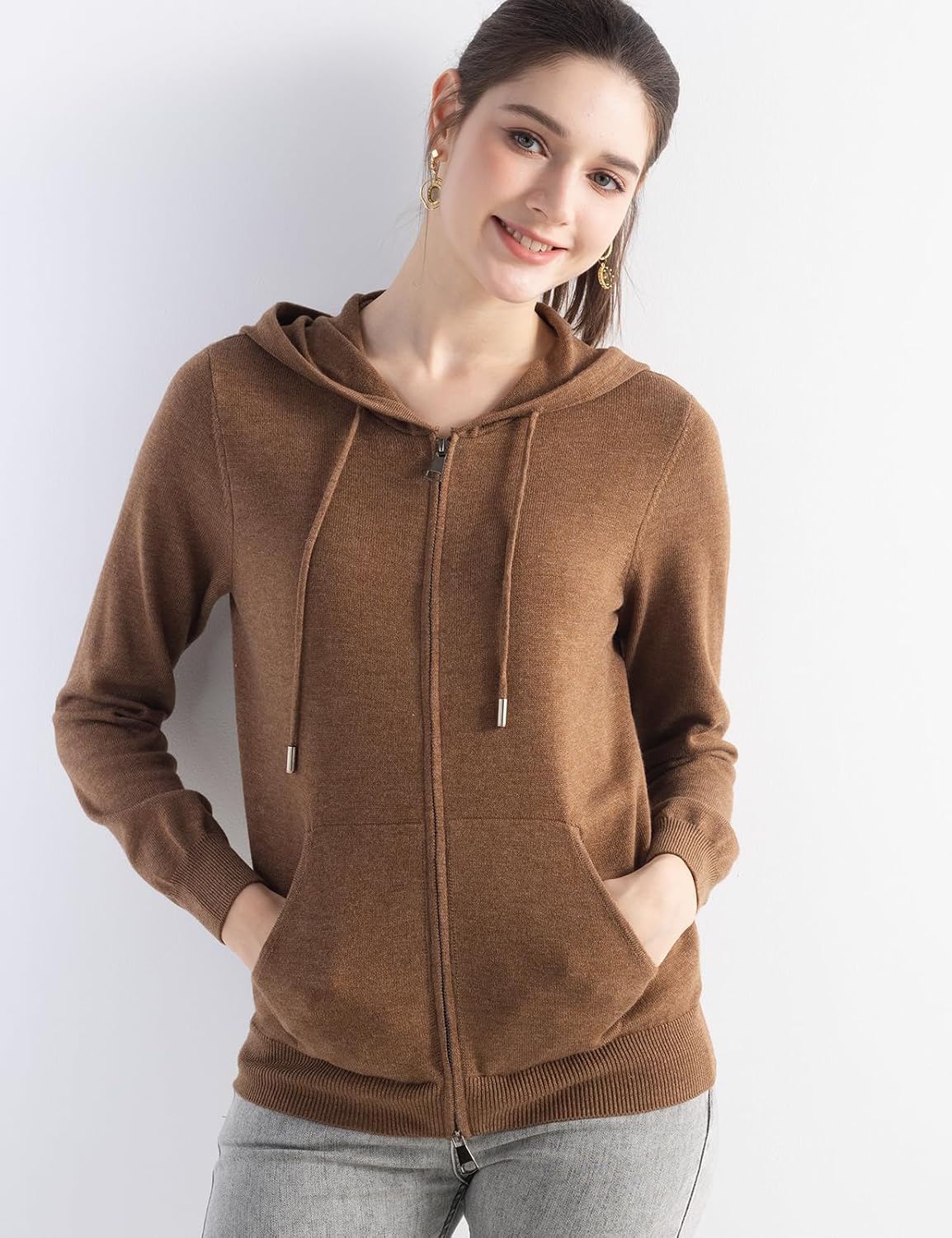 Merino Wool Blend Zipper Crewneck Hooded Knit Cardigan
