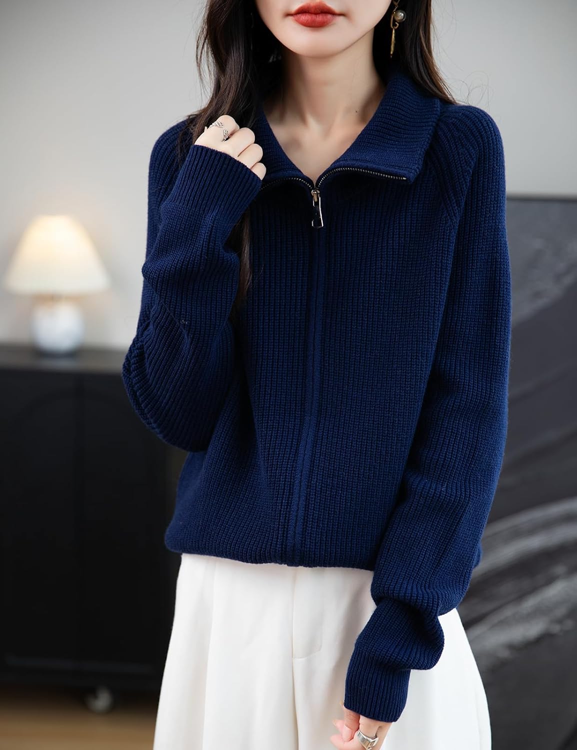 Merino Wool Blend Zipper Knit Sweatshirt Cardigan