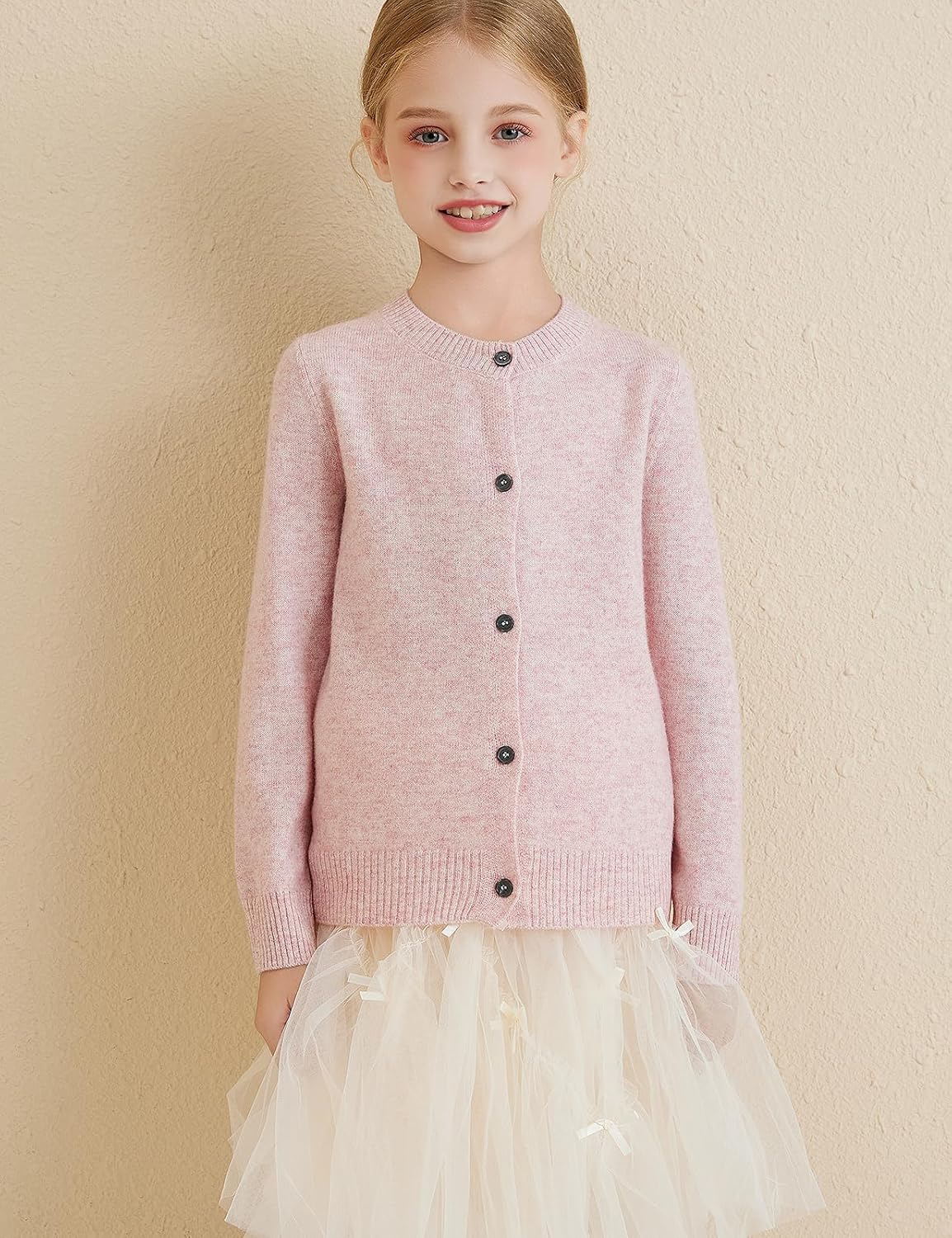 Girls 100% Merino Wool Crewneck Cardigan