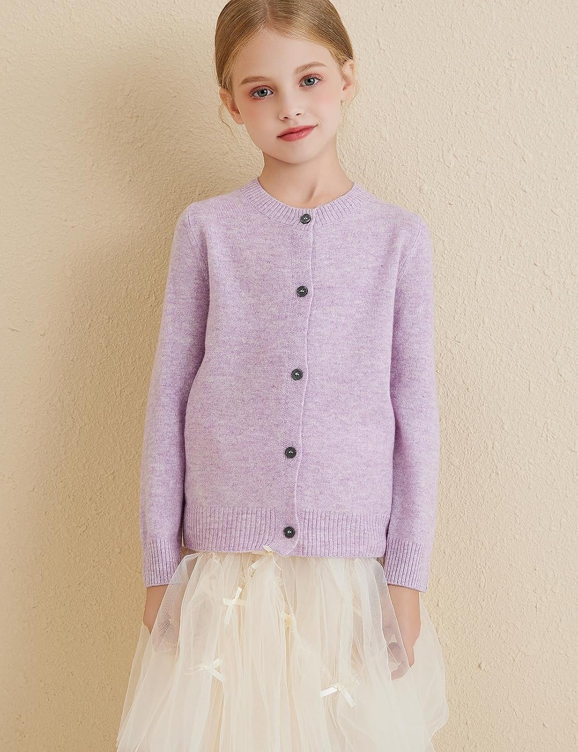 Girls 100% Merino Wool Crewneck Cardigan