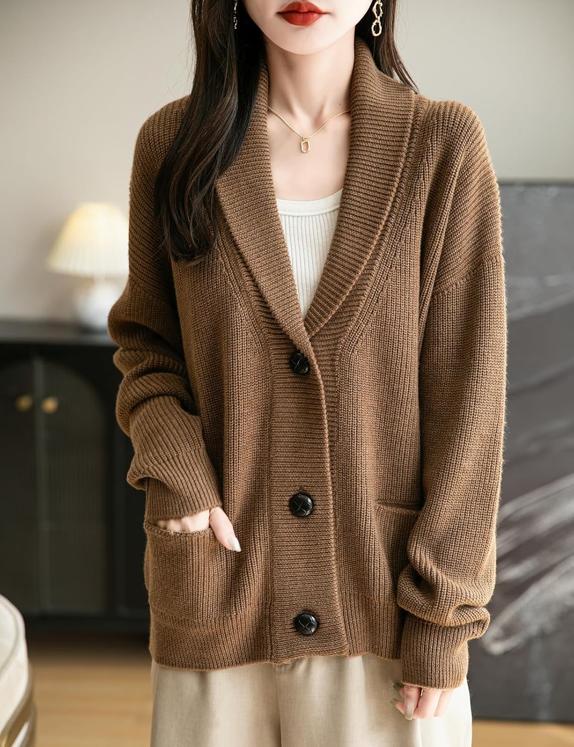 Merino Wool Blend V-Neck Button Cardigan with Pocket