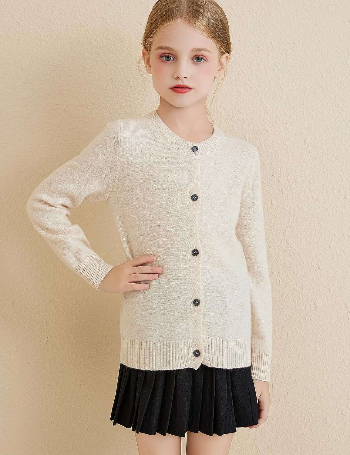 Girls 100% Merino Wool Crewneck Cardigan