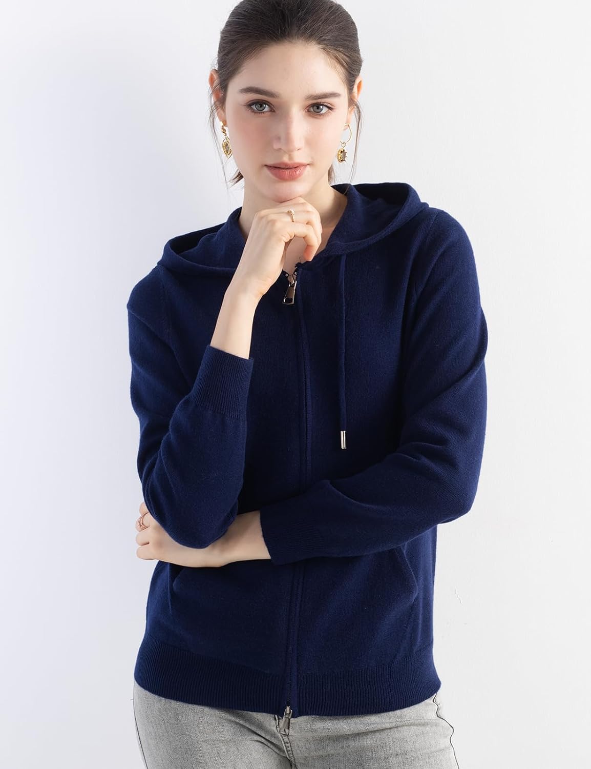 Merino Wool Blend Zipper Crewneck Hooded Knit Cardigan