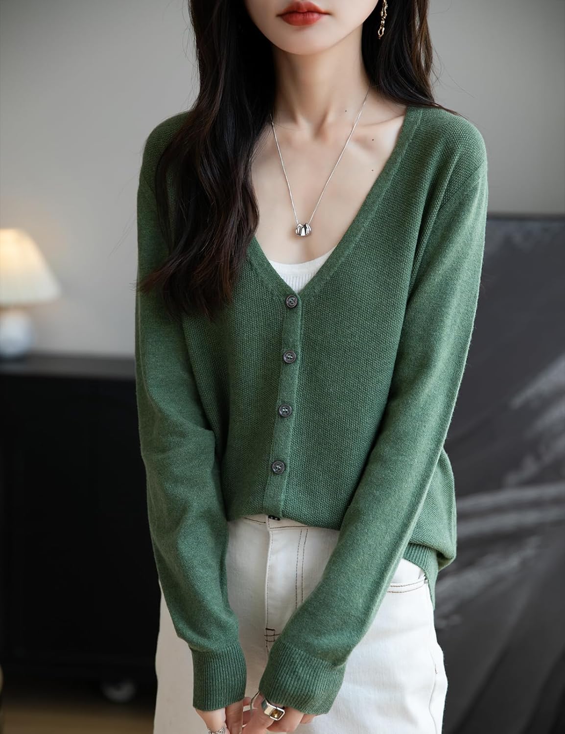 Merino Wool Blend Seamless V-Neck Cardigan