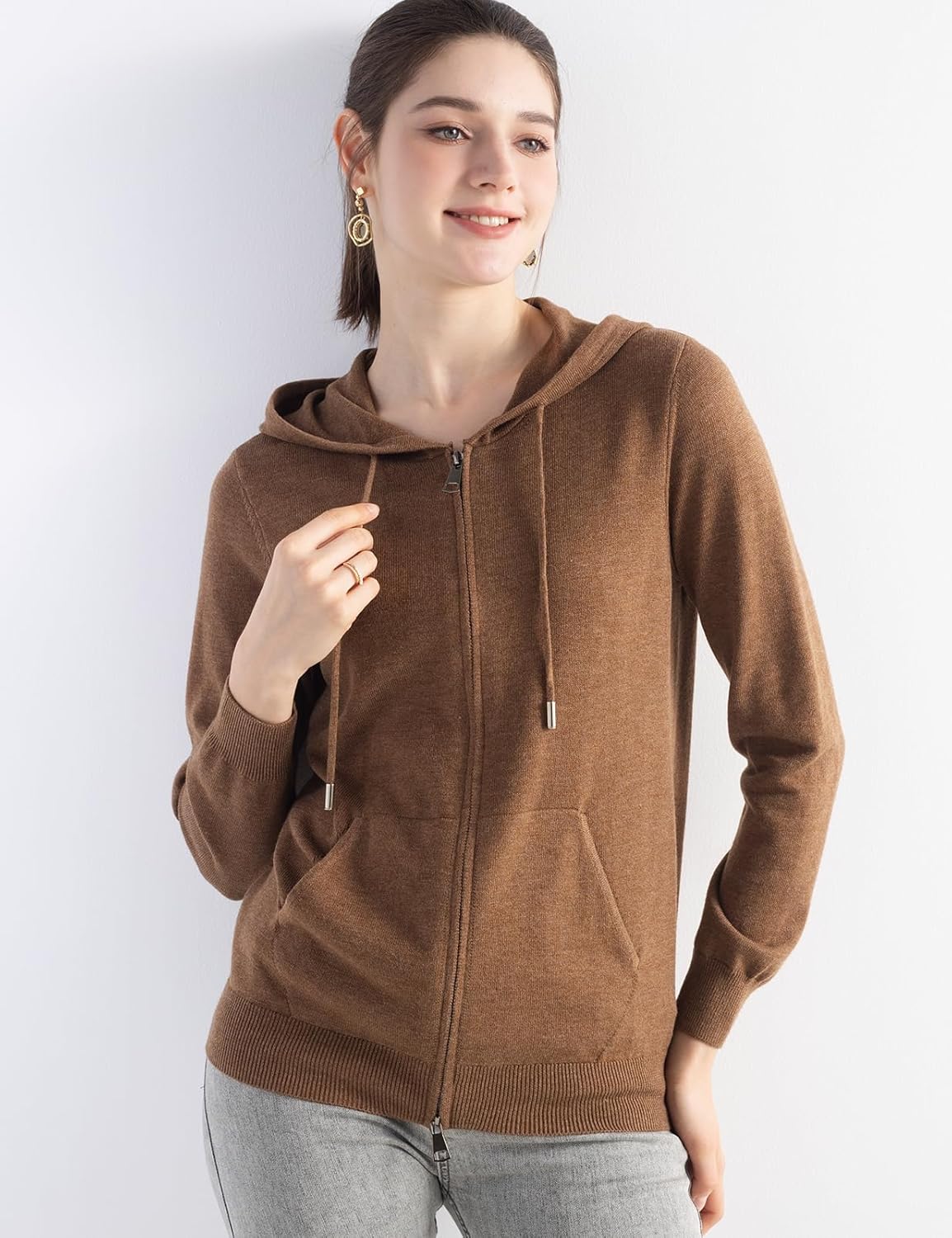 Merino Wool Blend Zipper Crewneck Hooded Knit Cardigan