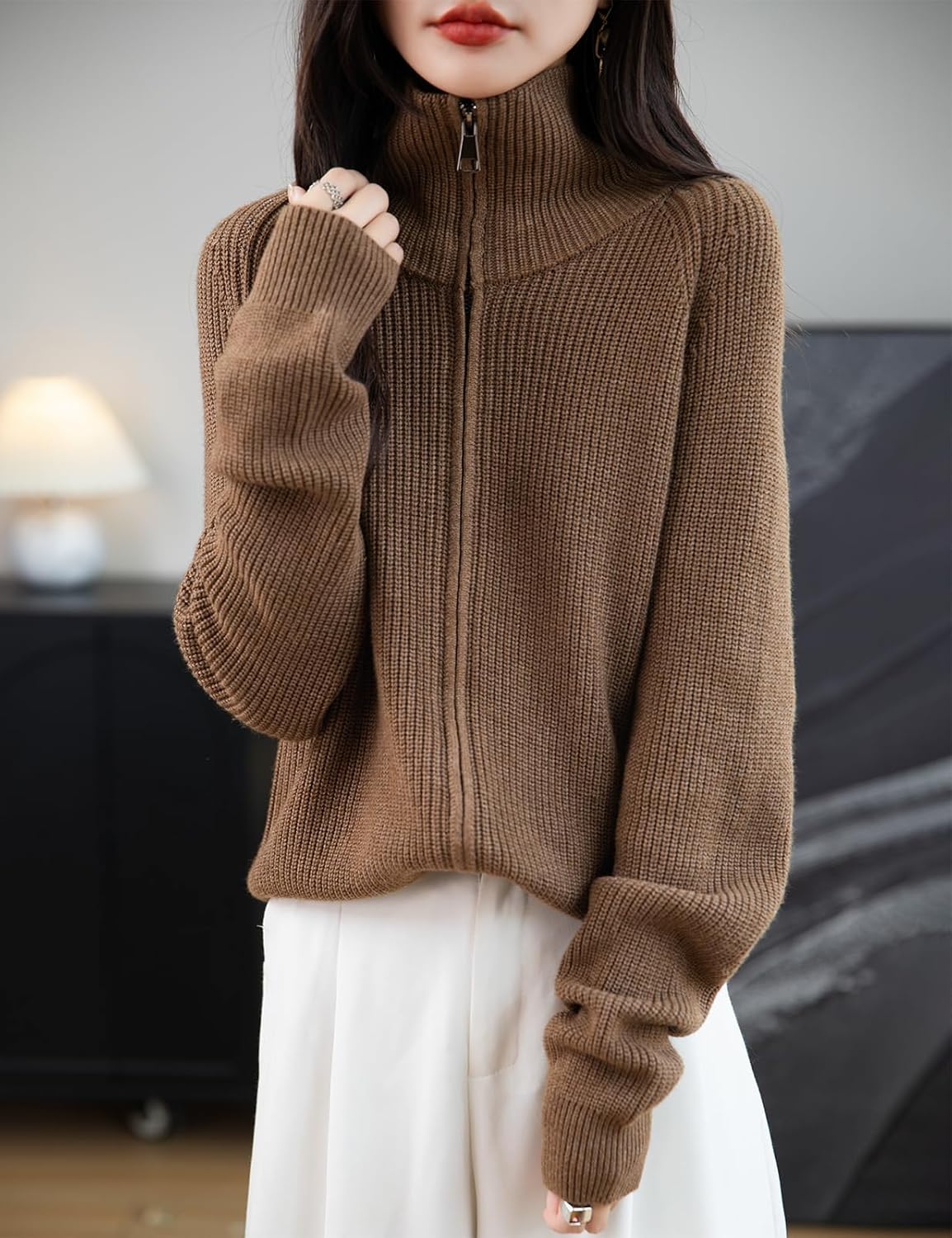 Merino Wool Blend Zipper Knit Sweatshirt Cardigan