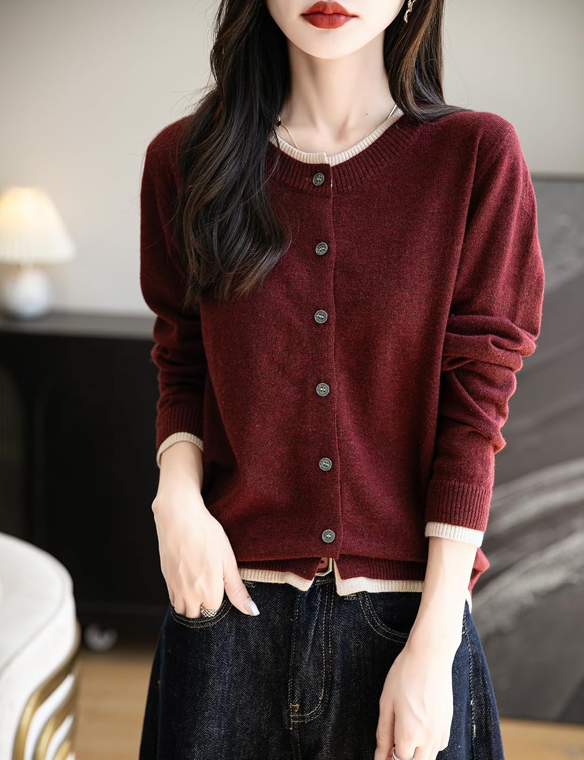Merino Wool Color Block Crewneck Cardigan