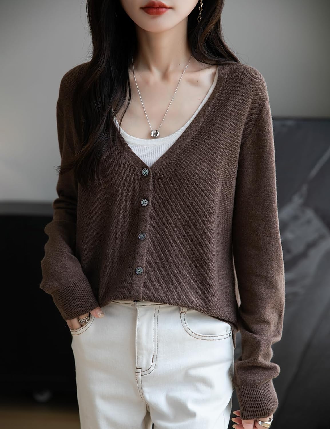 Merino Wool Blend Seamless V-Neck Cardigan