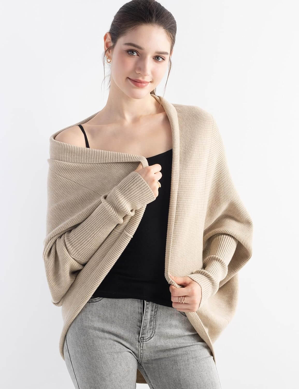 Merino Wool Blend Oversized Batwing Rib Knit Cardigan