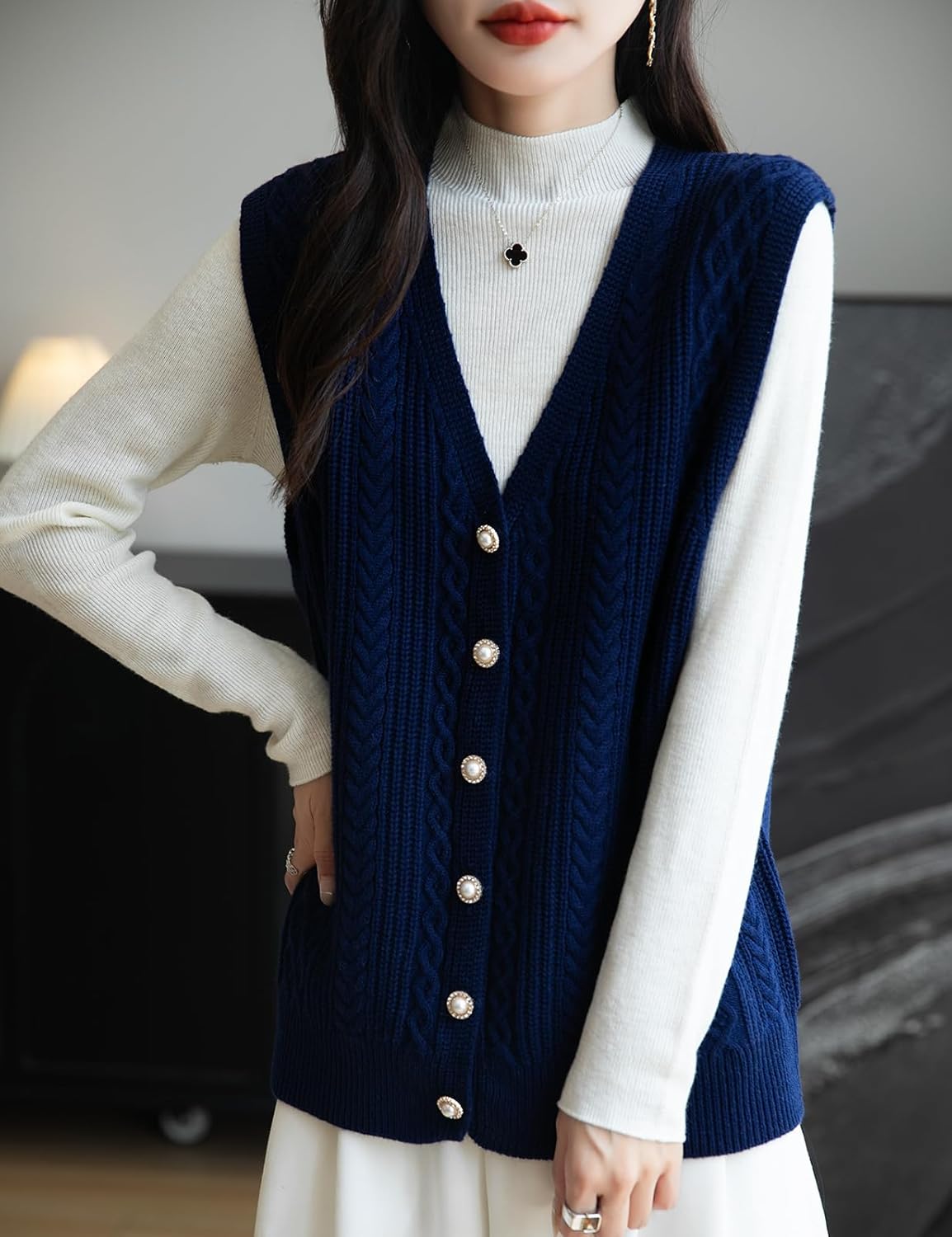 Merino Wool Blend Cable Knit Vest with Buttons