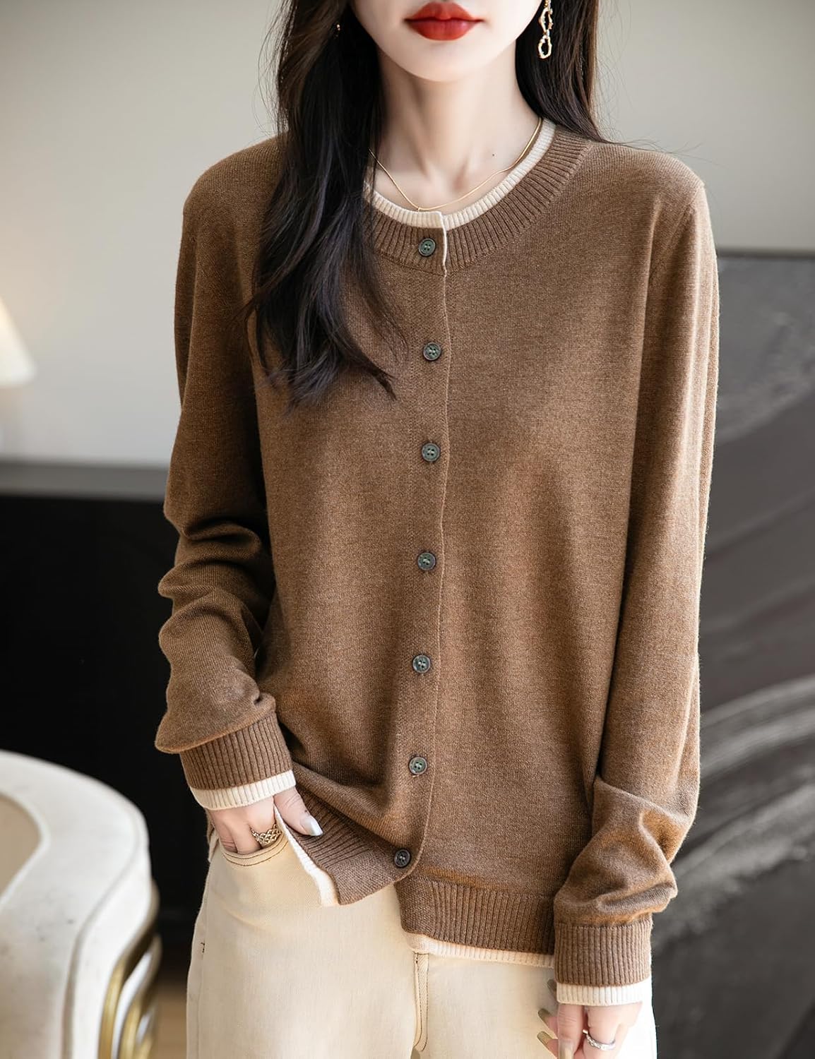 Merino Wool Color Block Crewneck Cardigan