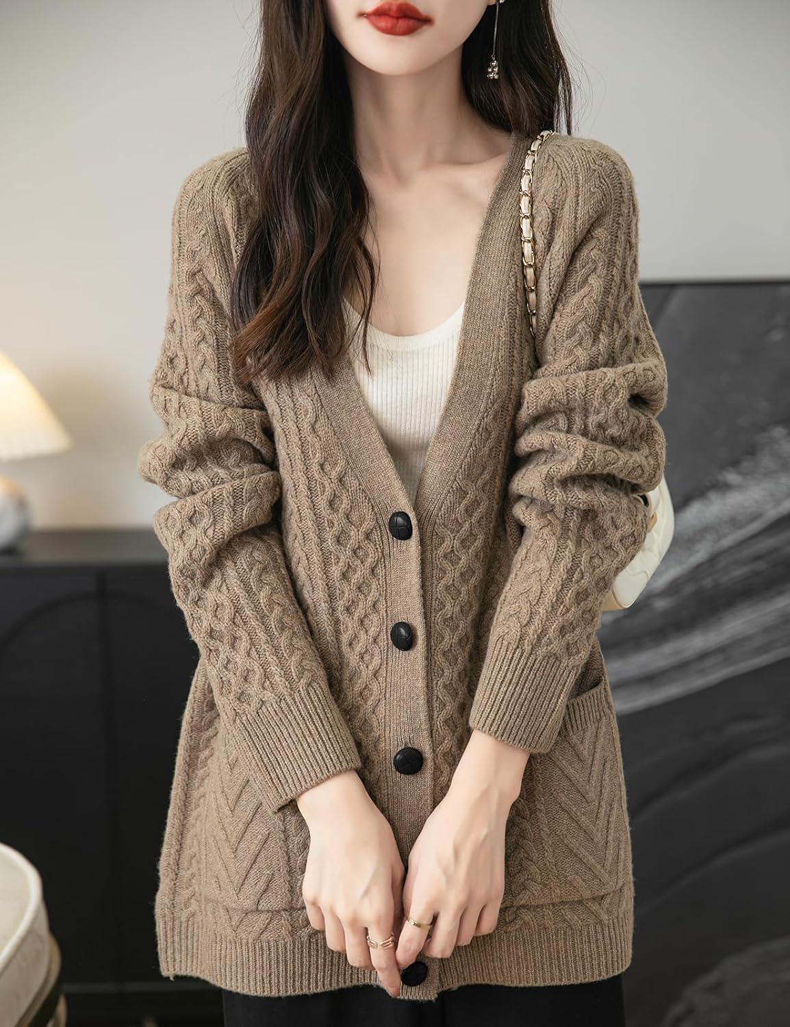 100% Merino Wool V-Neck Cable Cardigan