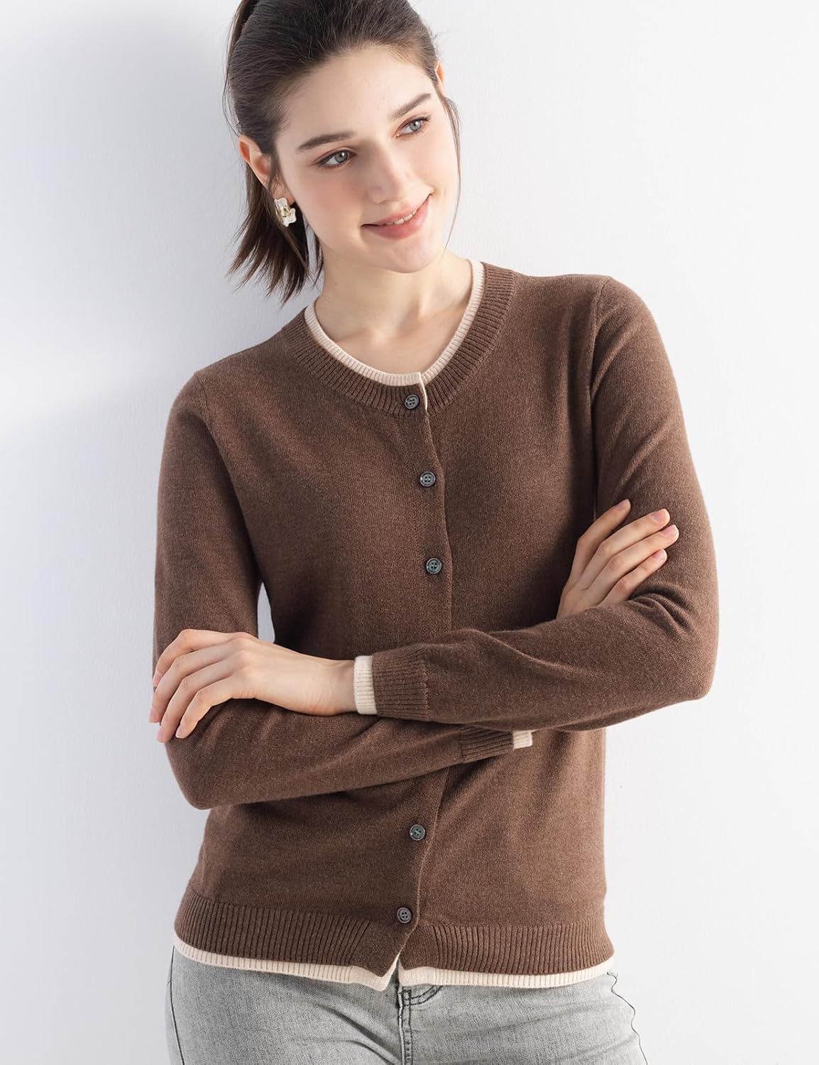 Merino Wool Color Block Crewneck Cardigan