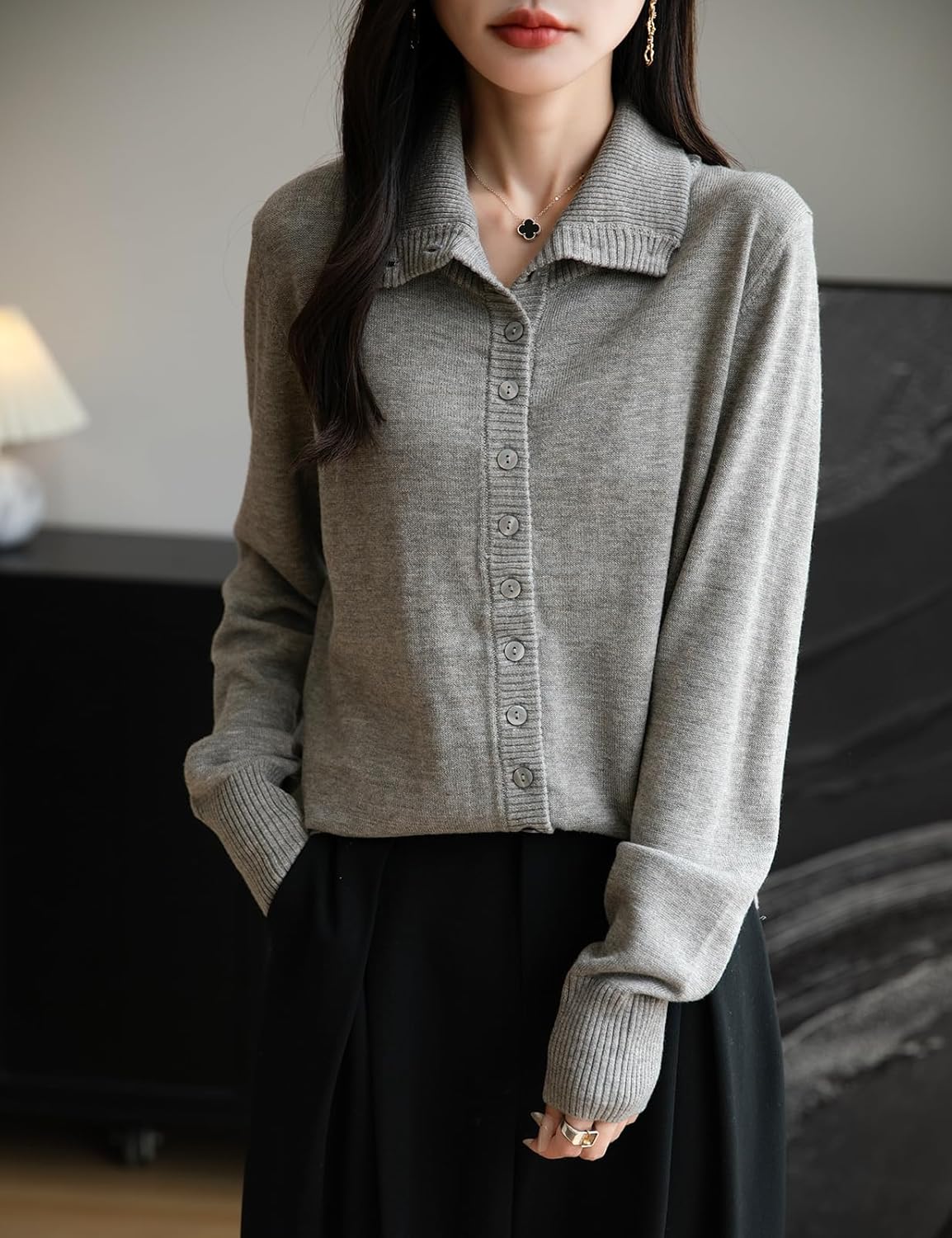 Merino Wool Blend Mock Neck Buttoned Knit Cardigan