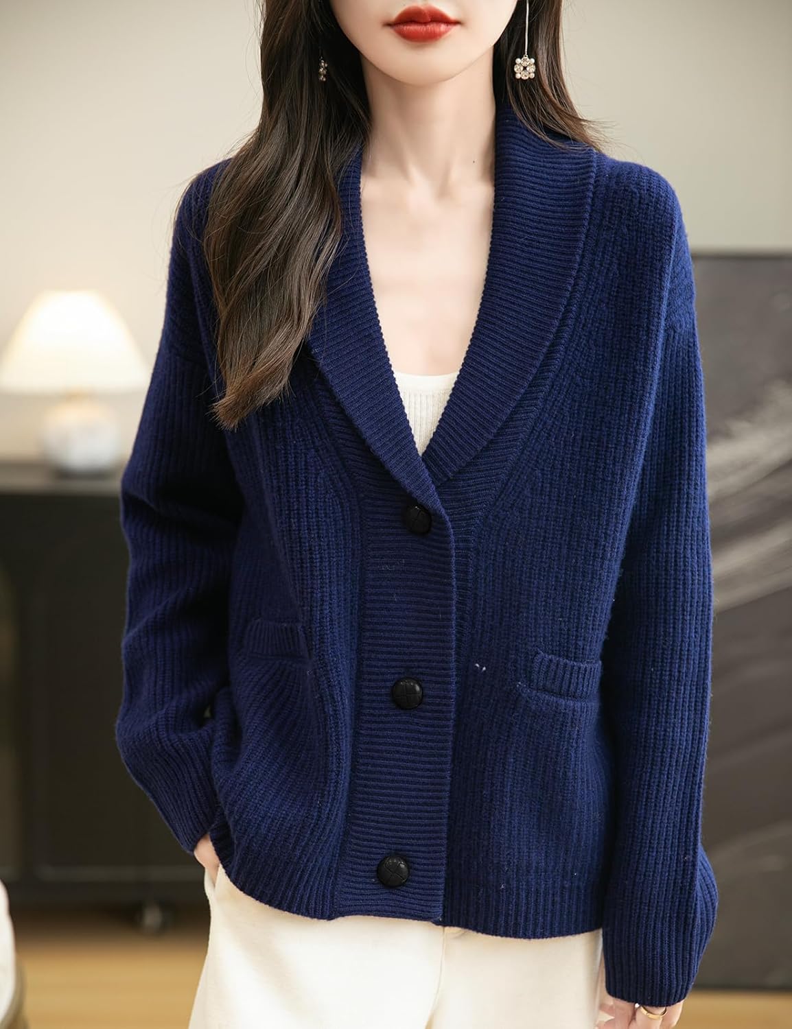 100% Merino Wool V-Neck Button Cardigan