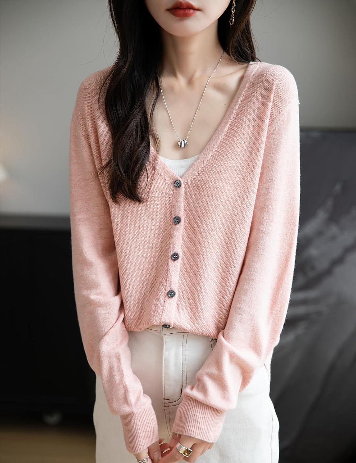 Merino Wool Blend Seamless V-Neck Cardigan