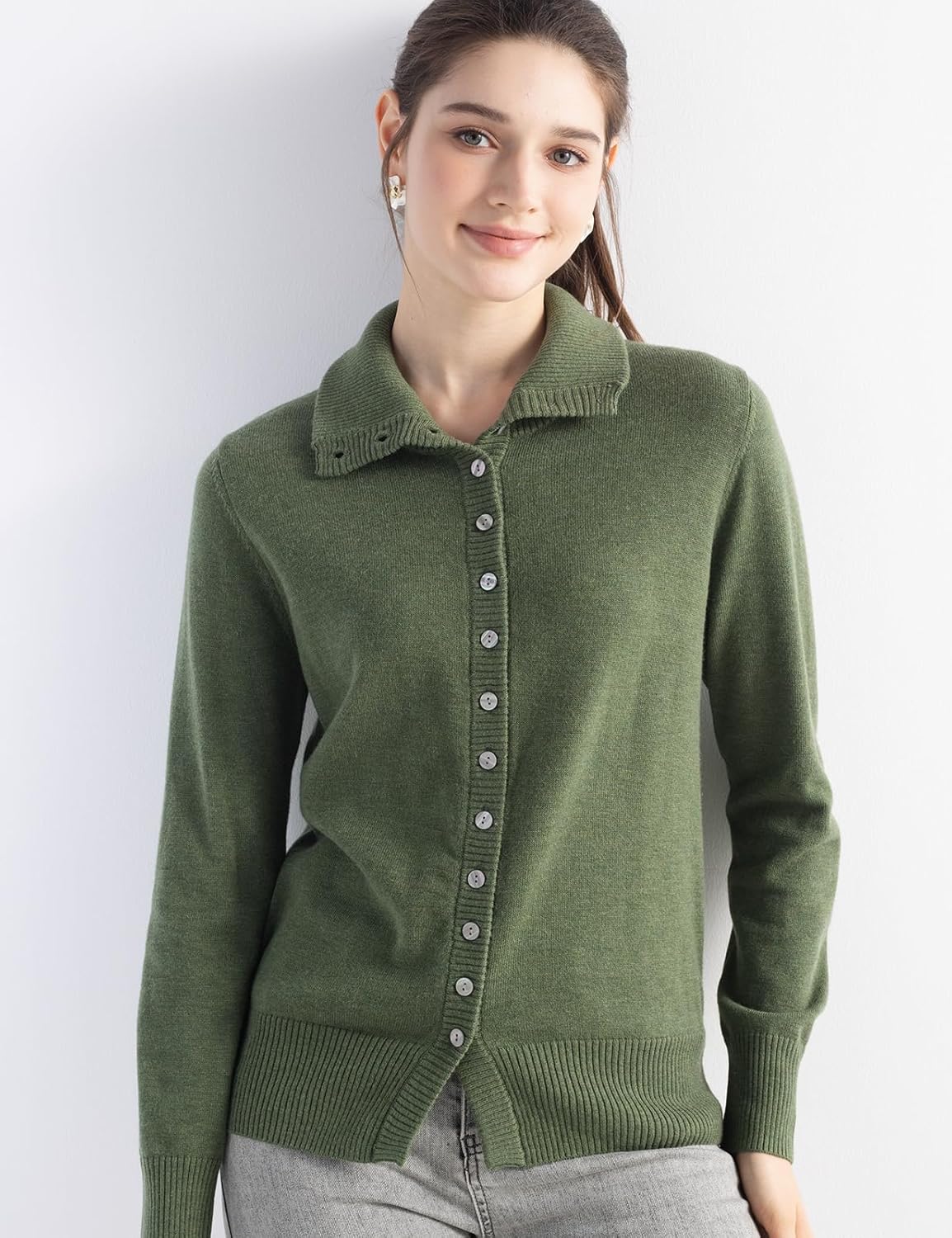 Merino Wool Blend Mock Neck Buttoned Knit Cardigan