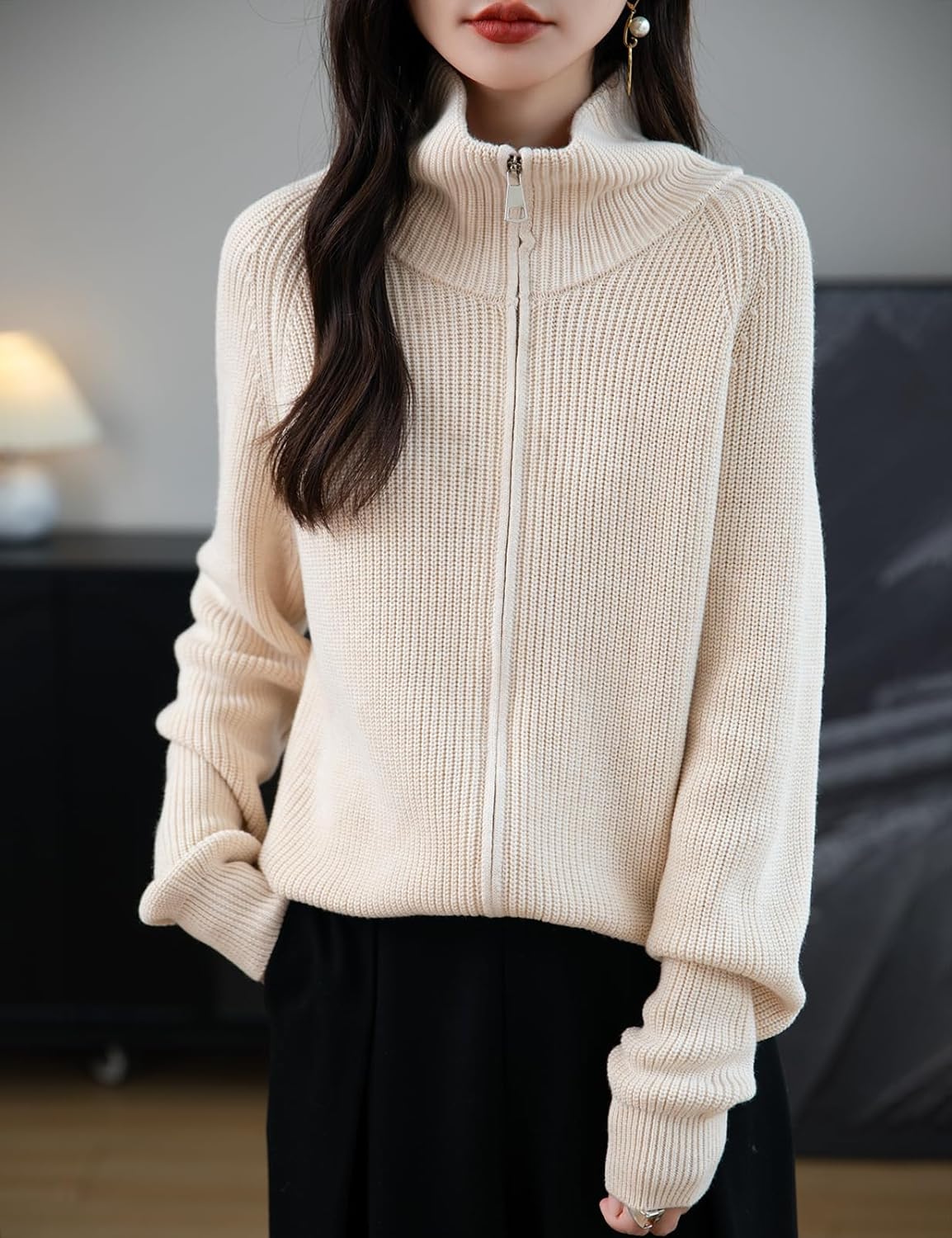 Merino Wool Blend Zipper Knit Sweatshirt Cardigan