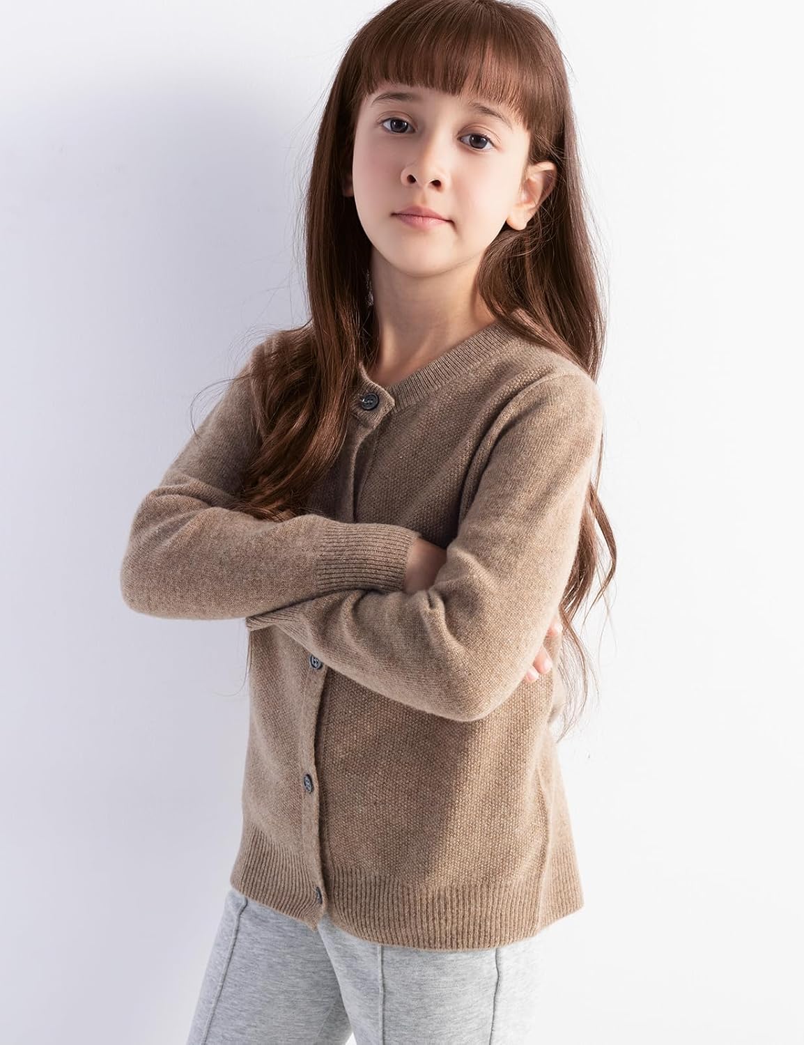 Girls' 100% Merino Wool Seamless Crewneck Cardigan