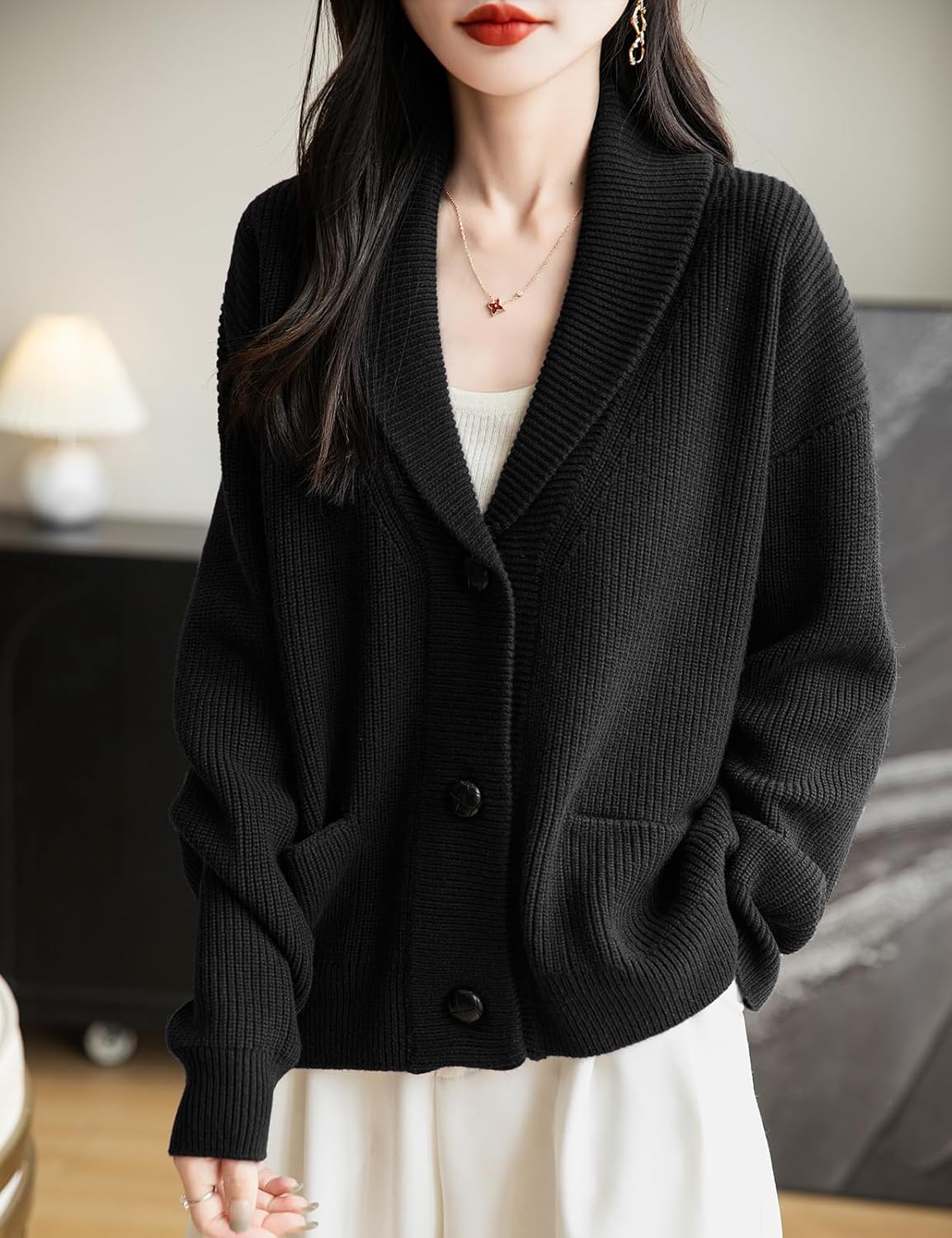 Merino Wool Blend V-Neck Button Cardigan with Pocket