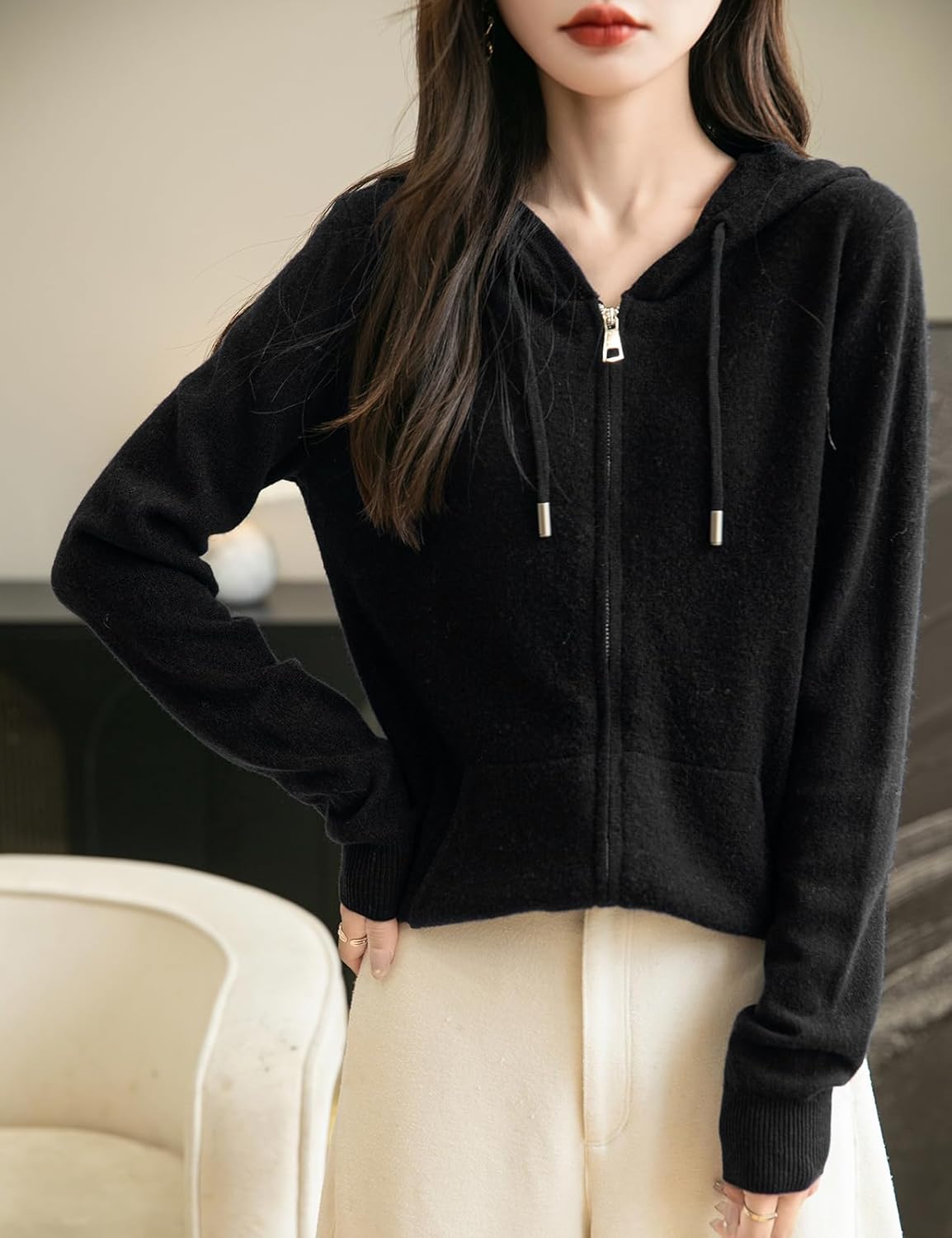 100% Merino Wool Zip Up Hoodie Cardigan